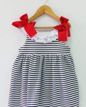 Vestido Niña Marinero a rayas con lazadas Rojas de Mon Petit