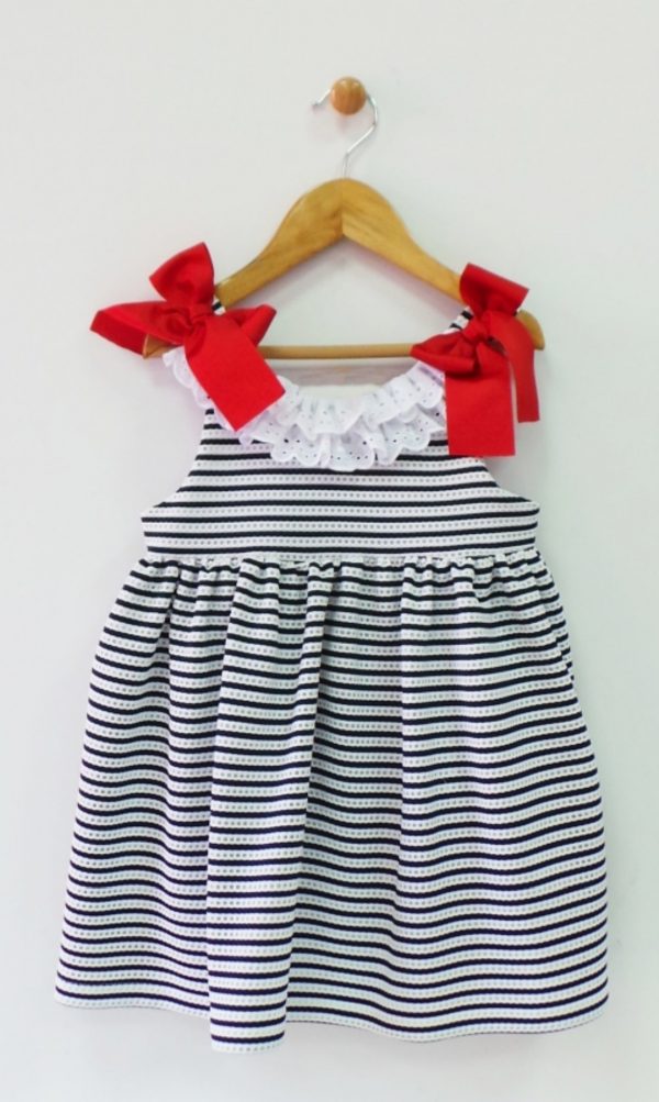 Vestido Niña Marinero a rayas con lazadas Rojas de Mon Petit